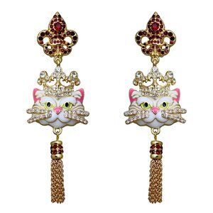 Ritzy Couture Princess Kitty Royal Crown White Cat Enamel Tassel Earrings